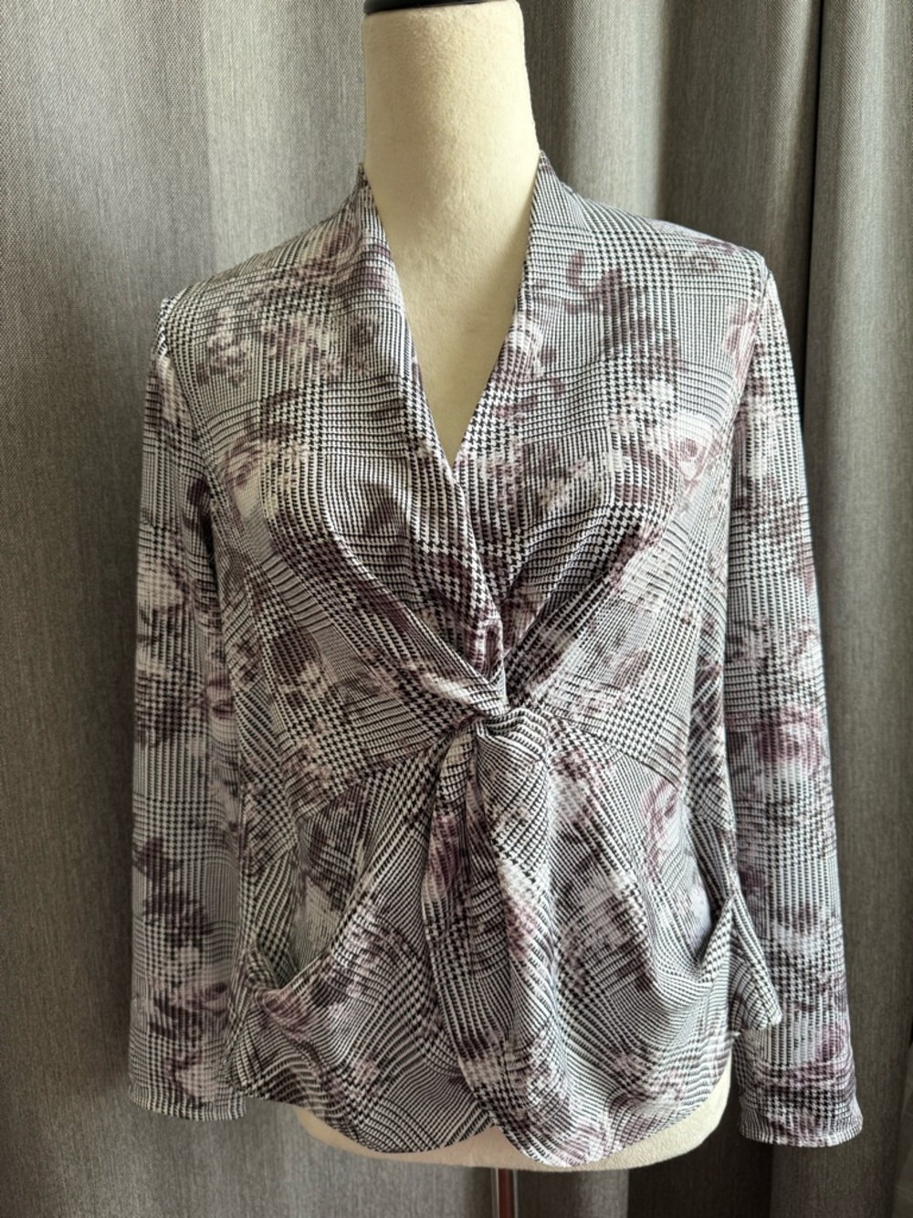 RACHEL Rachel Roy Plaid Twist-Front Blouse in Black and Dusty Rose